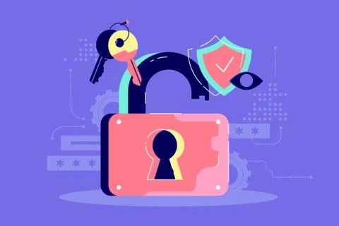 Password security icon of key, protection and open lock. Stock Illustration