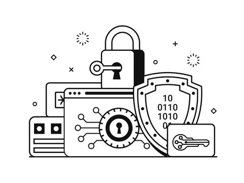 Password Storage and Data Encryption Lineart Scene Stock Illustration