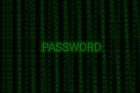 Password text writing on binary Code Falling Rain Matrix with black backgroun Stock Photos