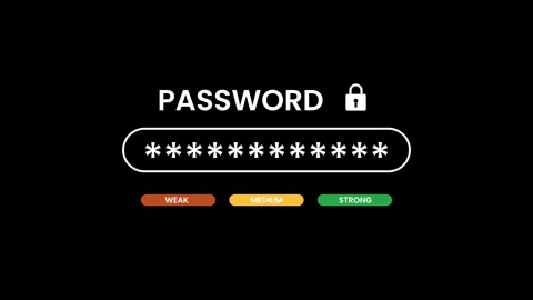 Password typing with weak medium and strong strength indicator animation Stock Footage 332195566