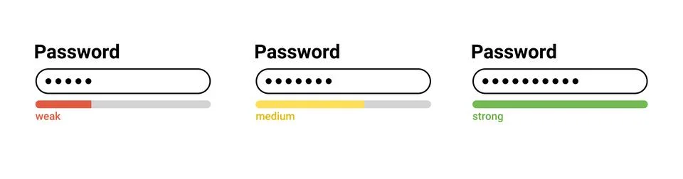 Password weak, medium, strong interface. Password website template. Digital Illustration