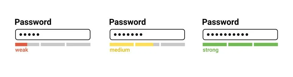 Password weak, medium, strong interface. Password website template. Digital Illustration