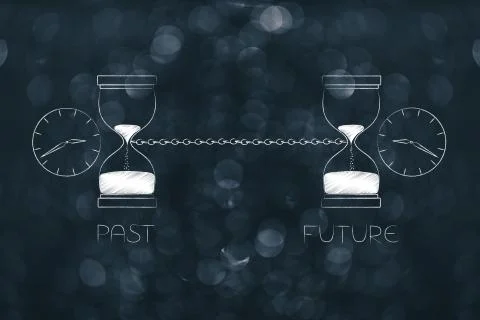 Past and future linked with a chain with hourlgass and clock icons Stock Illustration