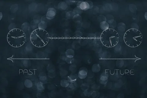Past and future linked with a chain with clocks and timeline arrows Stock Illustration
