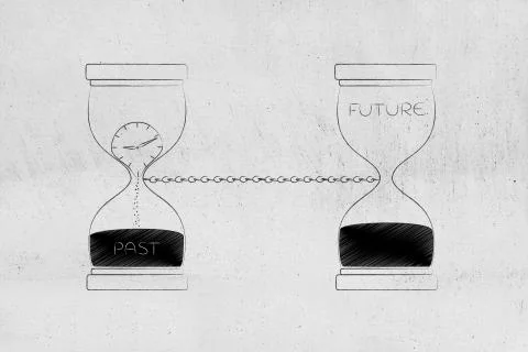 Past and future linked with a chain with hourglass and clock melting away Stock Illustration