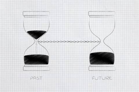 Past and future linked with a chain with hourglass before after Stock Illustration
