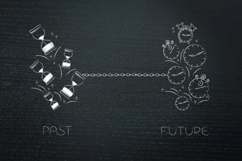 Past and future linked with a chain with hourglasses and clocks Stock Illustration