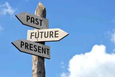 Past, future, present signpost Stock-Fotos