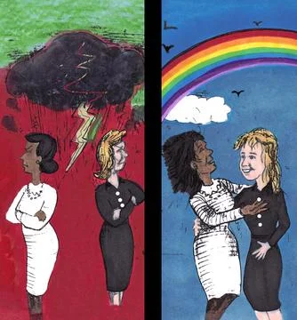 Past Hatred, Present Love. Two Women Angry with Each Other Then Happy Stock Illustration
