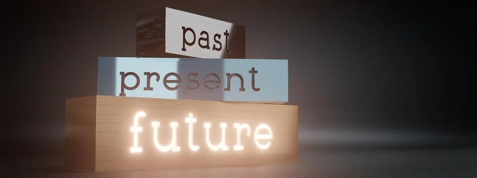 Past, present, future - block shapes and glow effect - 3D illustration Illustrazione stock