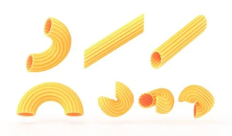 Pasta and macaroni of different shapes 3d render icons set. Realistic mockup of Stock Illustration