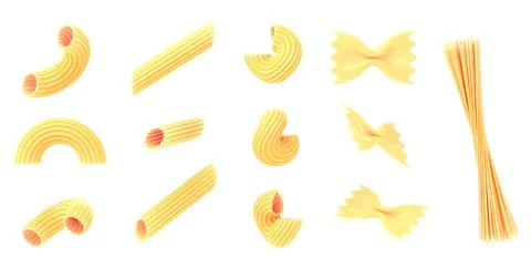 Pasta and macaroni icon set 3d render. Mockup dry penne, conchiglie, chiferri Stock Illustration