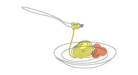 Pasta and spaghetti in One Continuous line drawing. Italy noodle on plate with Stock Illustration