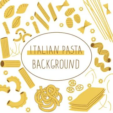 Pasta background. Doodle framing of different types of Italian traditional pasta Stock Illustration