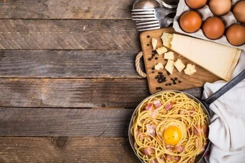 Pasta with bacon, egg and cheese Stock Photos