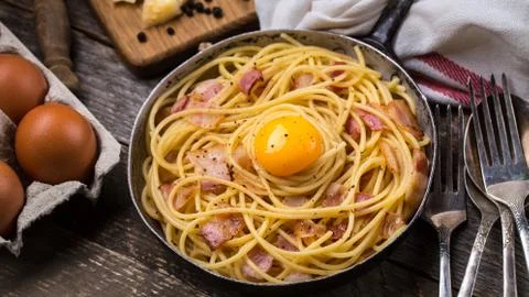 Pasta with bacon, egg and cheese Stock Photos
