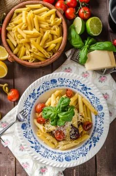 Pasta with baked vegetable Stock Photos