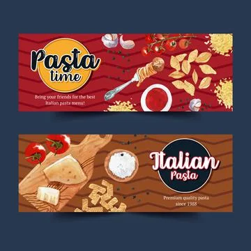 Pasta banner design with cheese, cutting board, tomato watercolor illustratio Stock Illustration