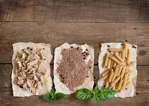 Pasta, basil and mint Stock Photos