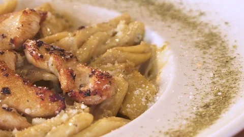 Pasta with chicken and cheese close up. Stock Footage 80262158