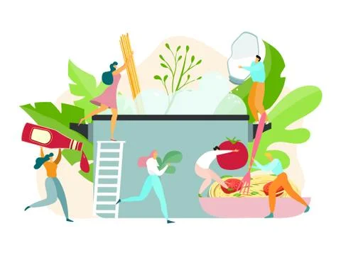Pasta cooking concept, tiny people making spaghetti, traditional dish of Italian イラスト素材