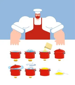 Pasta cooking instruction. Chef directions spaghetti. Step by step food instr Stock Illustration