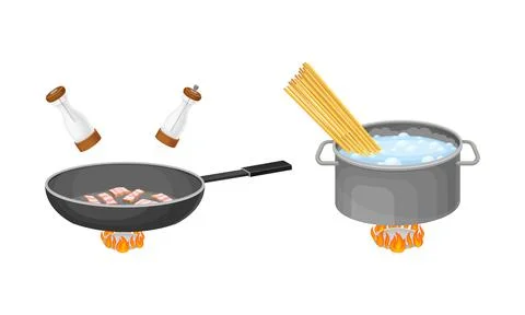 Pasta cooking process set. Boiling pasta and frying ham in pan vector Stock Illustration