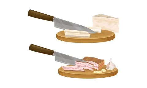 Pasta cooking process set. Slicing ham and cheese on wooden board vector Stockillustratie