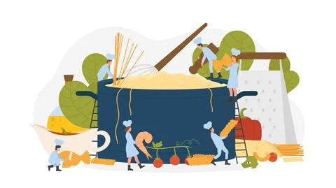 Pasta cooking recipes, team of tiny chefs standing near huge pan with cooked 스톡 일러스트