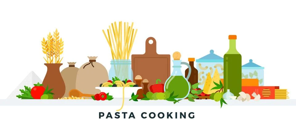 Pasta cooking. Vector flat illustrations. Products for cooking pasta. Italian Illustrazione stock