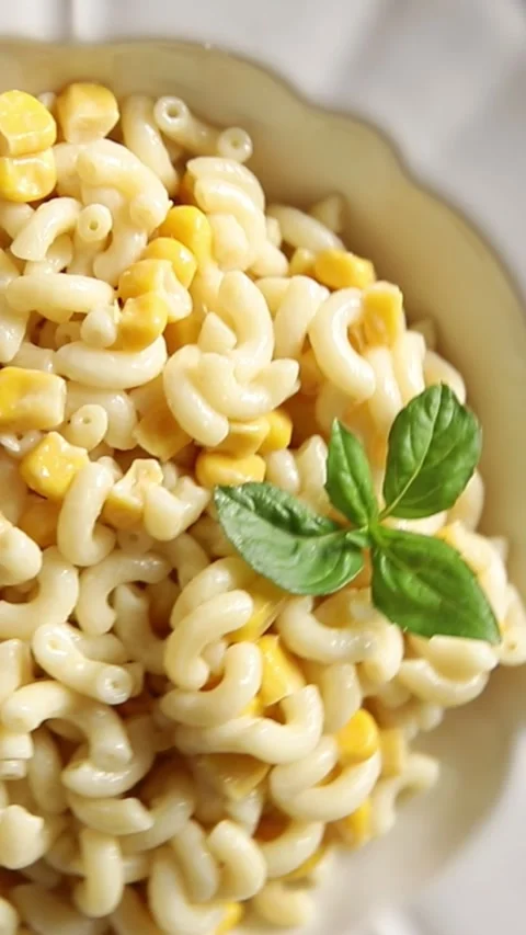 Pasta dish corn and creamy sauce small elbow macaroni small pasta shells Stock-Footage 344988706