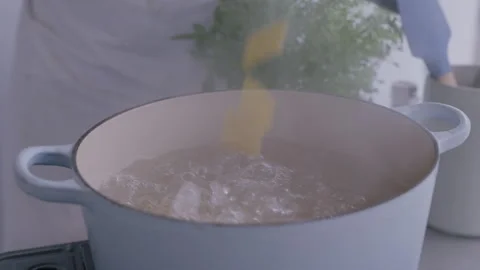 Pasta falling into pot of hot boiling water. 스톡 동영상 255007102