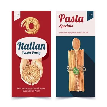 Pasta flyer design with hands, spoon watercolor illustration. Stock Illustration