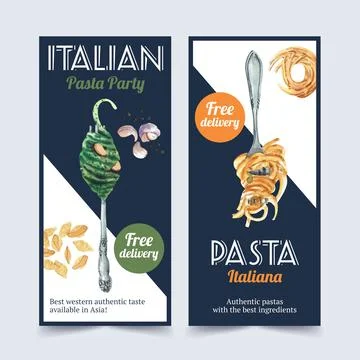 Pasta flyer design with spaghetti, fork watercolor illustration. Stock Illustration