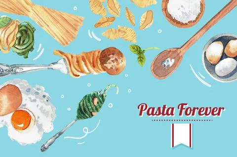 Pasta frame design with egg, potato, spoon watercolor illustration. Stock Illustration