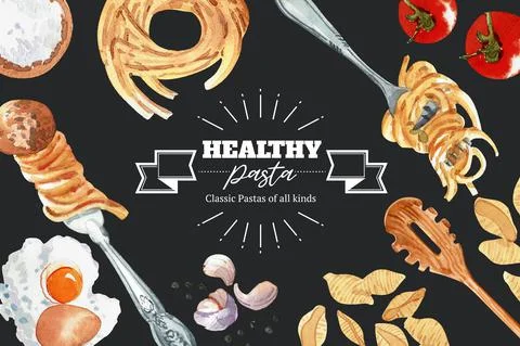 Pasta frame design with flour, fork, garlic, egg watercolor illustration. Stock Illustration