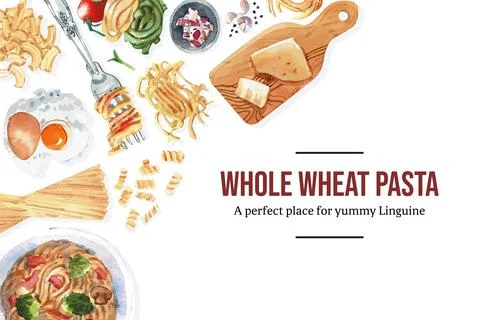 Pasta frame design with fork, macaroni, pasta watercolor illustration. Stock Illustration