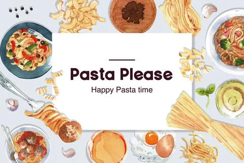 Pasta frame design with fork, macaroni, paste, egg watercolor illustration. Stock Illustration