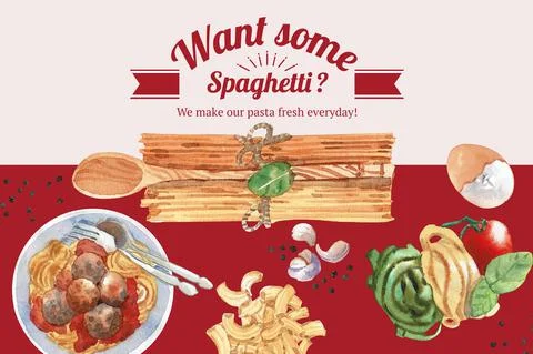 Pasta frame design with spaghetti, garlic watercolor illustration. Stock Illustration