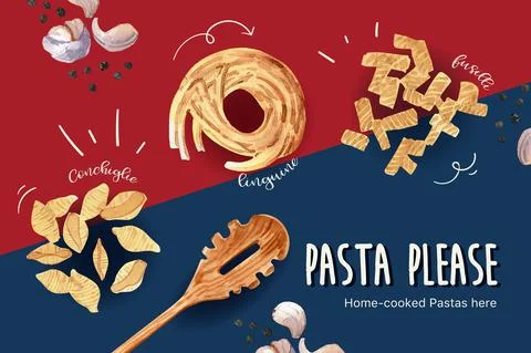 Pasta frame design with spaghetti, garlic, pepper watercolor illustration. Stock Illustration