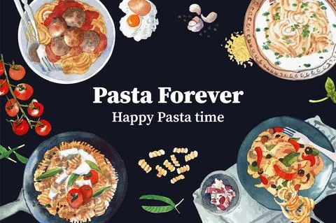 Pasta frame design with various pasta, tomato watercolor illustration. Stock Illustration