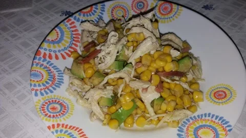 Pasta fredda con pollo, mais e pancetta. Italian food Stock Footage 152015650