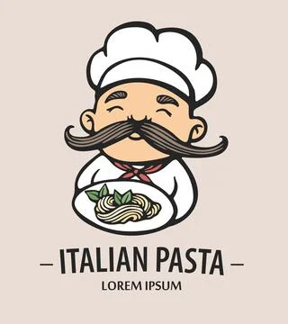 Pasta logo. Hand drawn vector illustration of chef-cooker with a mustache and Stock Illustration