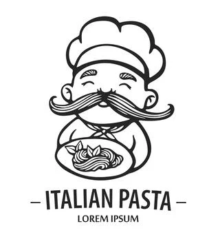 Pasta logo. Hand drawn vector illustration of chef-cooker with a mustache and Stock Illustration