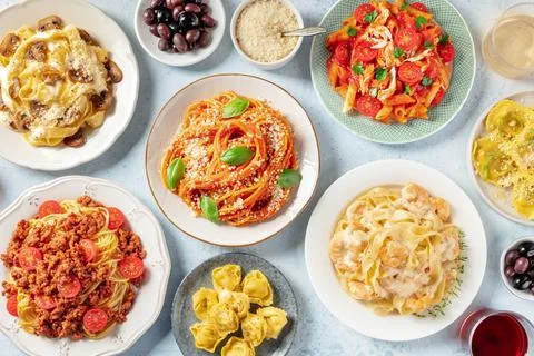 Pasta, many different varieties, overhead flat lay shot. Italian food and drinks Fotos de archivo