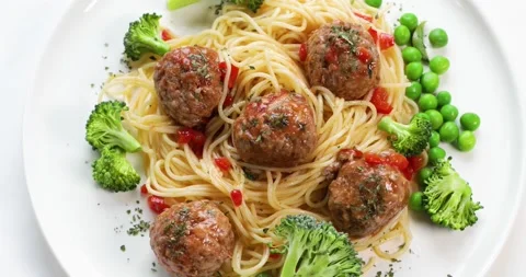 Pasta with meatballs. Top view	 Stock Footage 141179313