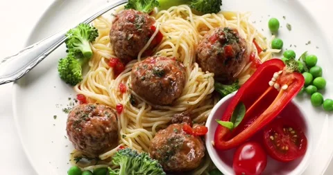 Pasta with meatballs. Top view	 Stock Footage 141412885