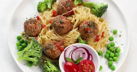 Pasta with meatballs. Top view Stock Footage 143078025