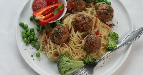 Pasta with meatballs. Top view	 Stock Footage 318454871