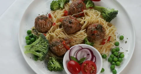 Pasta with meatballs. Top view	 Stock Footage 318454958